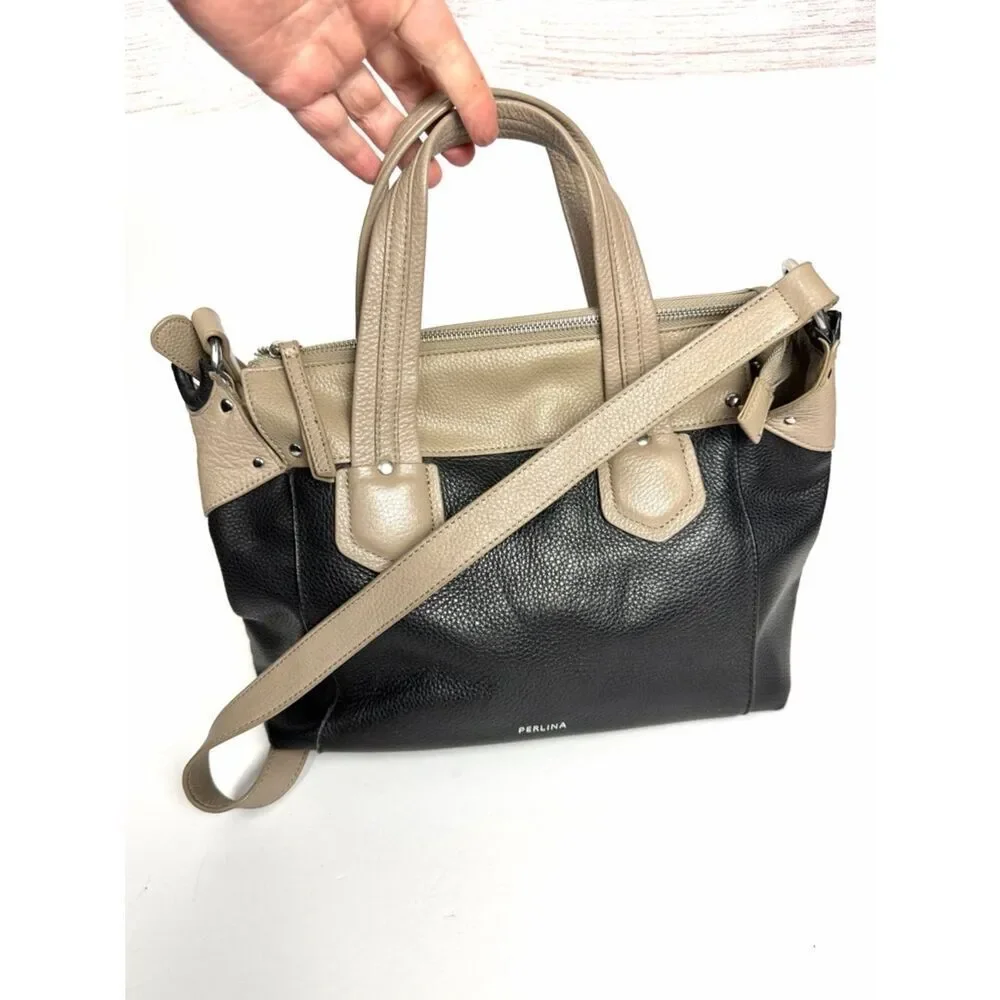 Perlina Emma Leather Satchel Shoulder Bag Multicolor Black Taupe Excellent